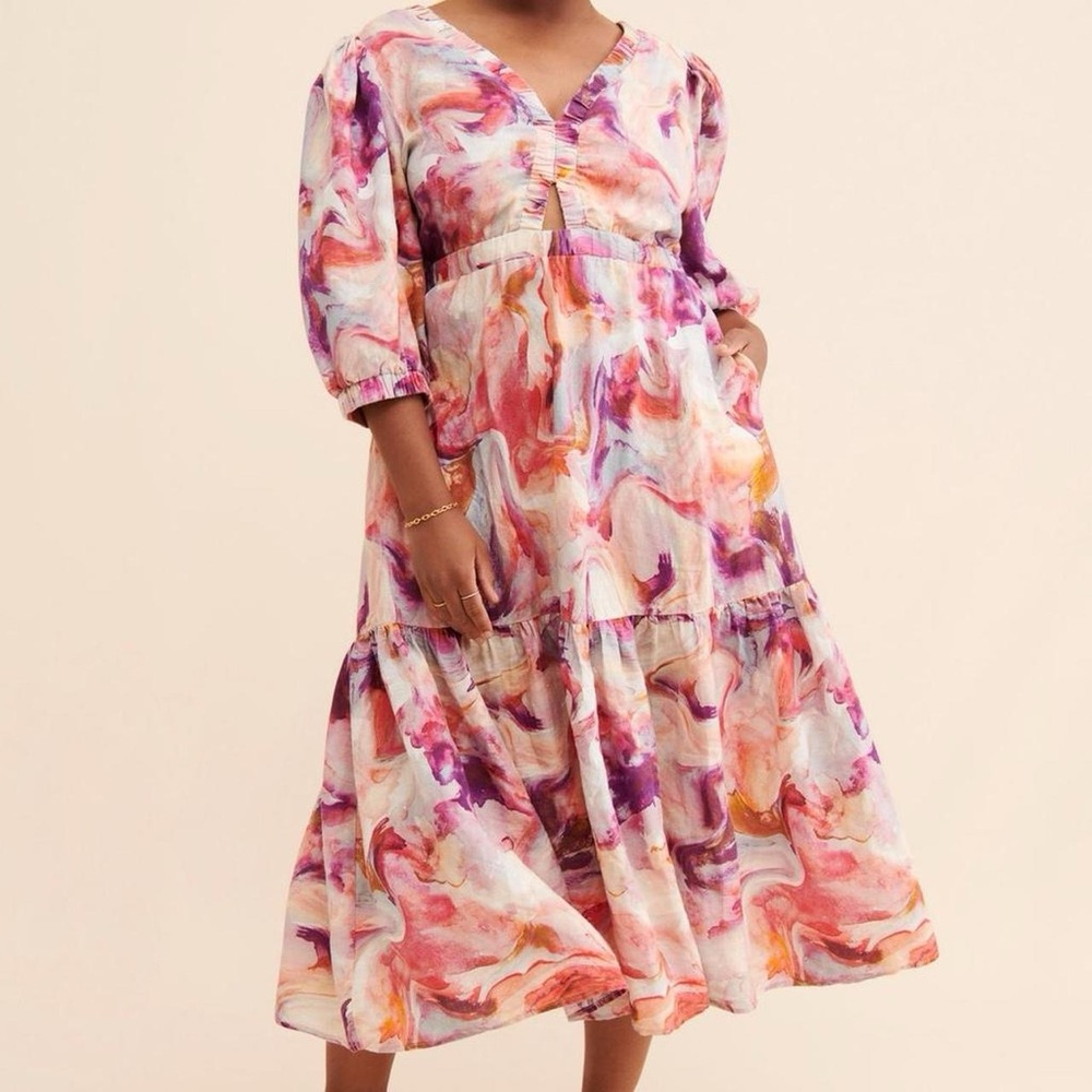Midi Tiered V-Neck Dress in Pink & Purple Marble Print